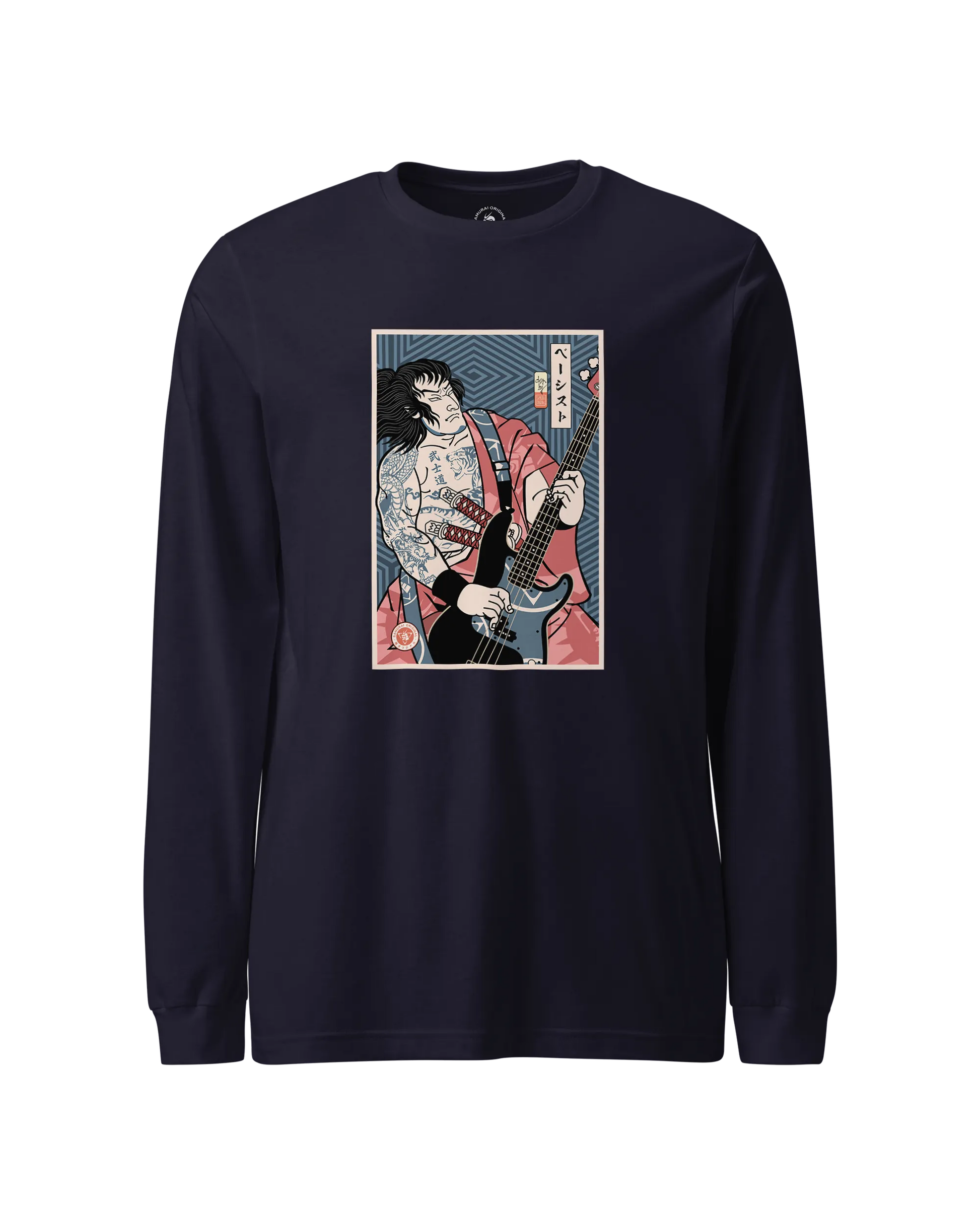 Samurai Bassist Player 5 Music Ukiyo-e Unisex Long Sleeve Tee Navy - Samurai Original