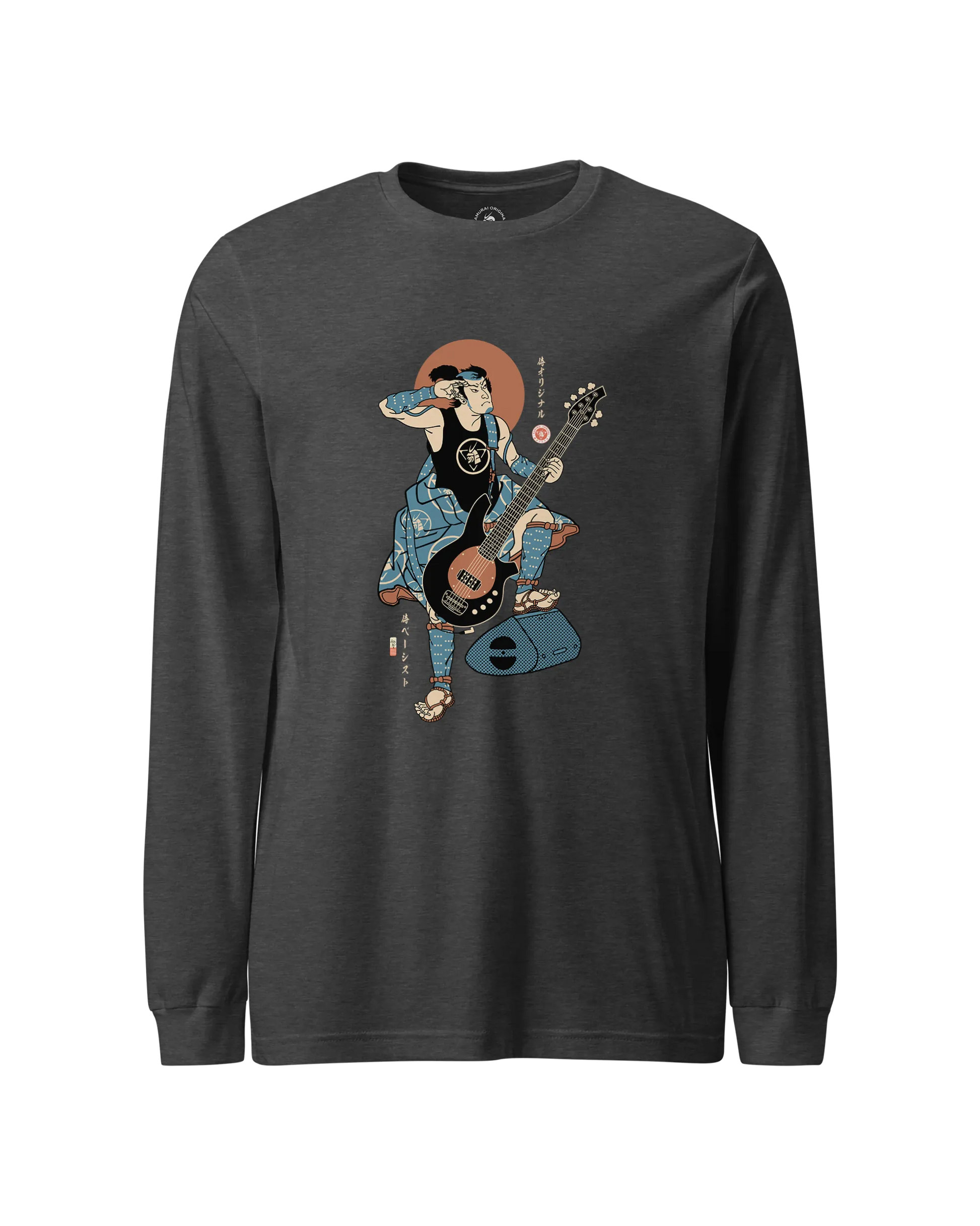 Samurai Bassist Music Ukiyo-e Unisex Long Sleeve Tee No.6 Dark Grey Heather - Samurai Original