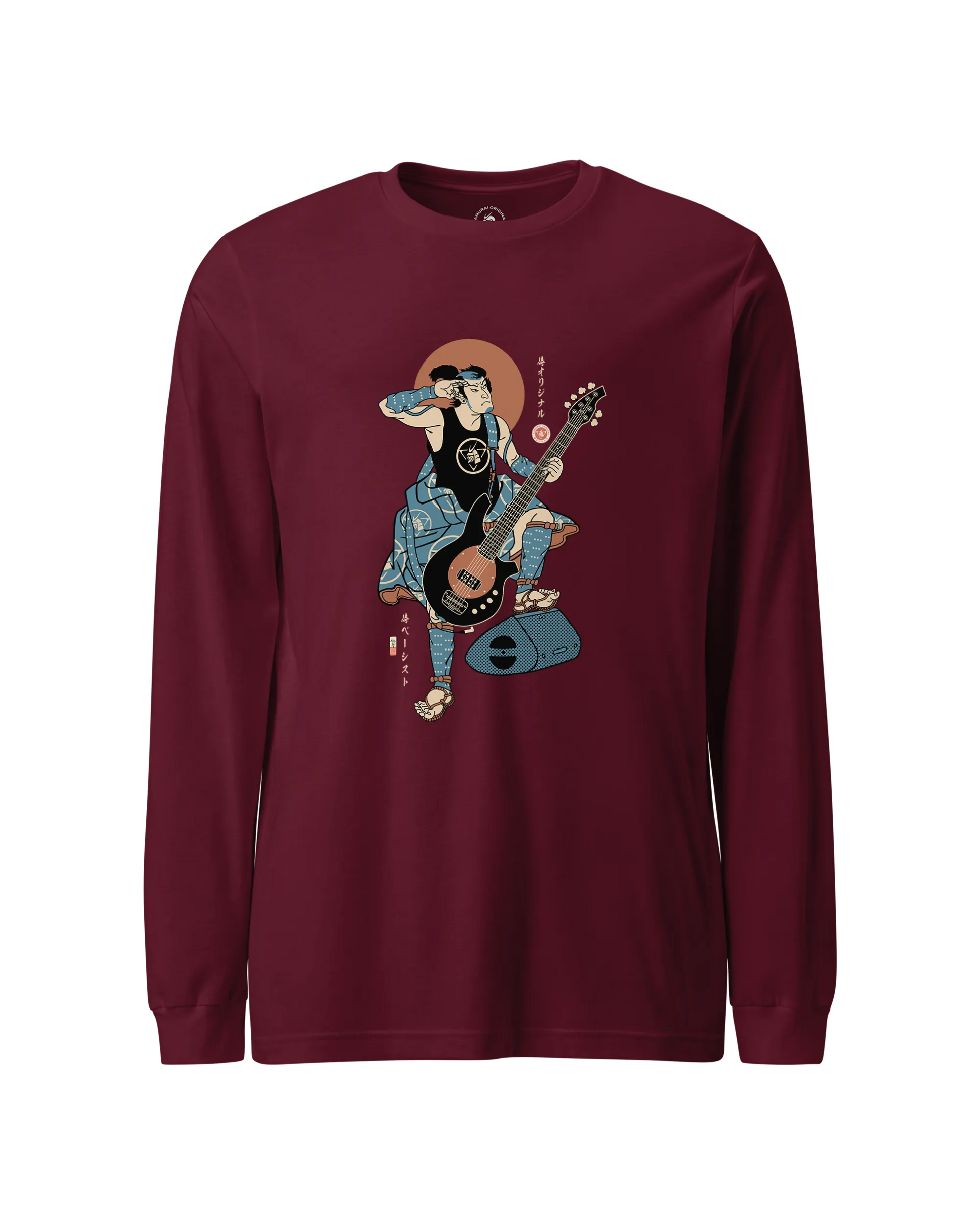 Samurai Bassist Music Ukiyo-e Unisex Long Sleeve Tee No.6 Maroon - Samurai Original