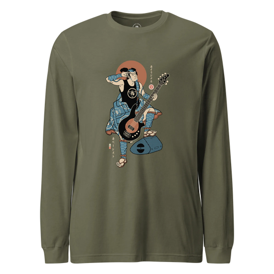 Samurai Bassist Music Ukiyo-e Unisex Long Sleeve Tee No.6 Military Green - Samurai Original