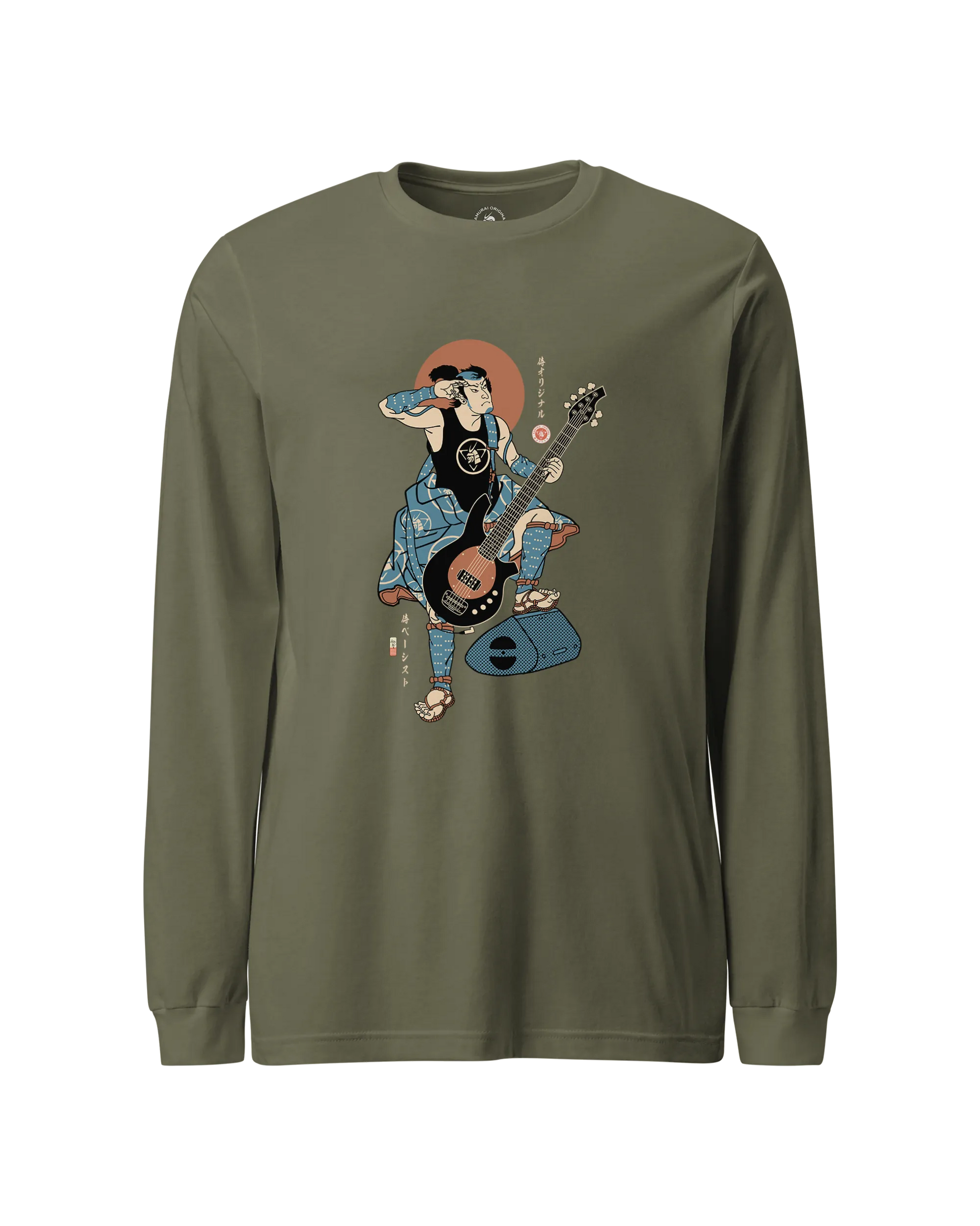 Samurai Bassist Music Ukiyo-e Unisex Long Sleeve Tee No.6 Military Green - Samurai Original