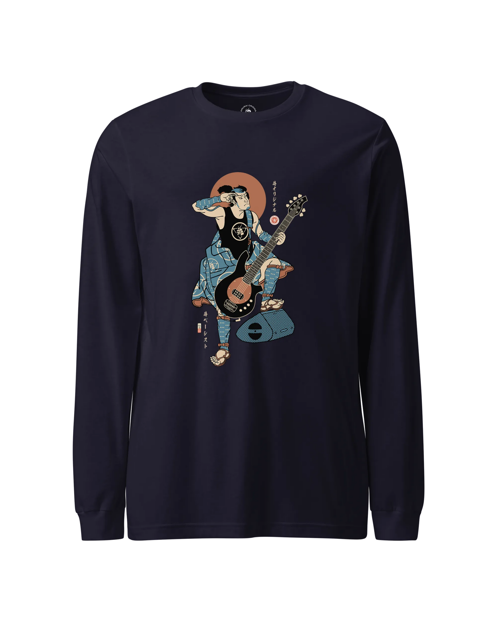 Samurai Bassist Music Ukiyo-e Unisex Long Sleeve Tee No.6 Navy - Samurai Original