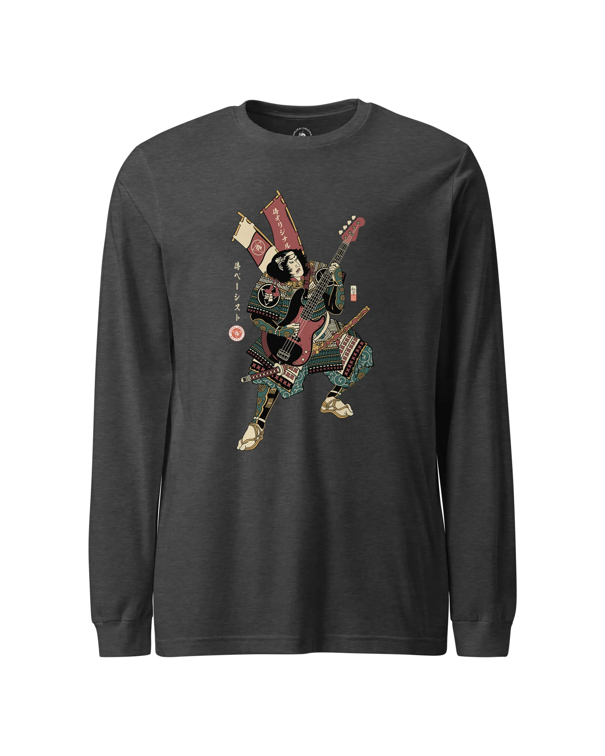 Samurai Bassist Player 7 Music Ukiyo-e Unisex Long Sleeve Tee Dark Grey Heather - Samurai Original