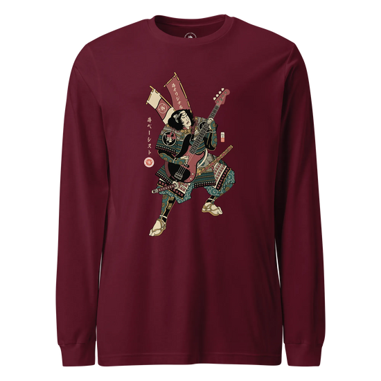Samurai Bassist Player 7 Music Ukiyo-e Unisex Long Sleeve Tee Maroon - Samurai Original