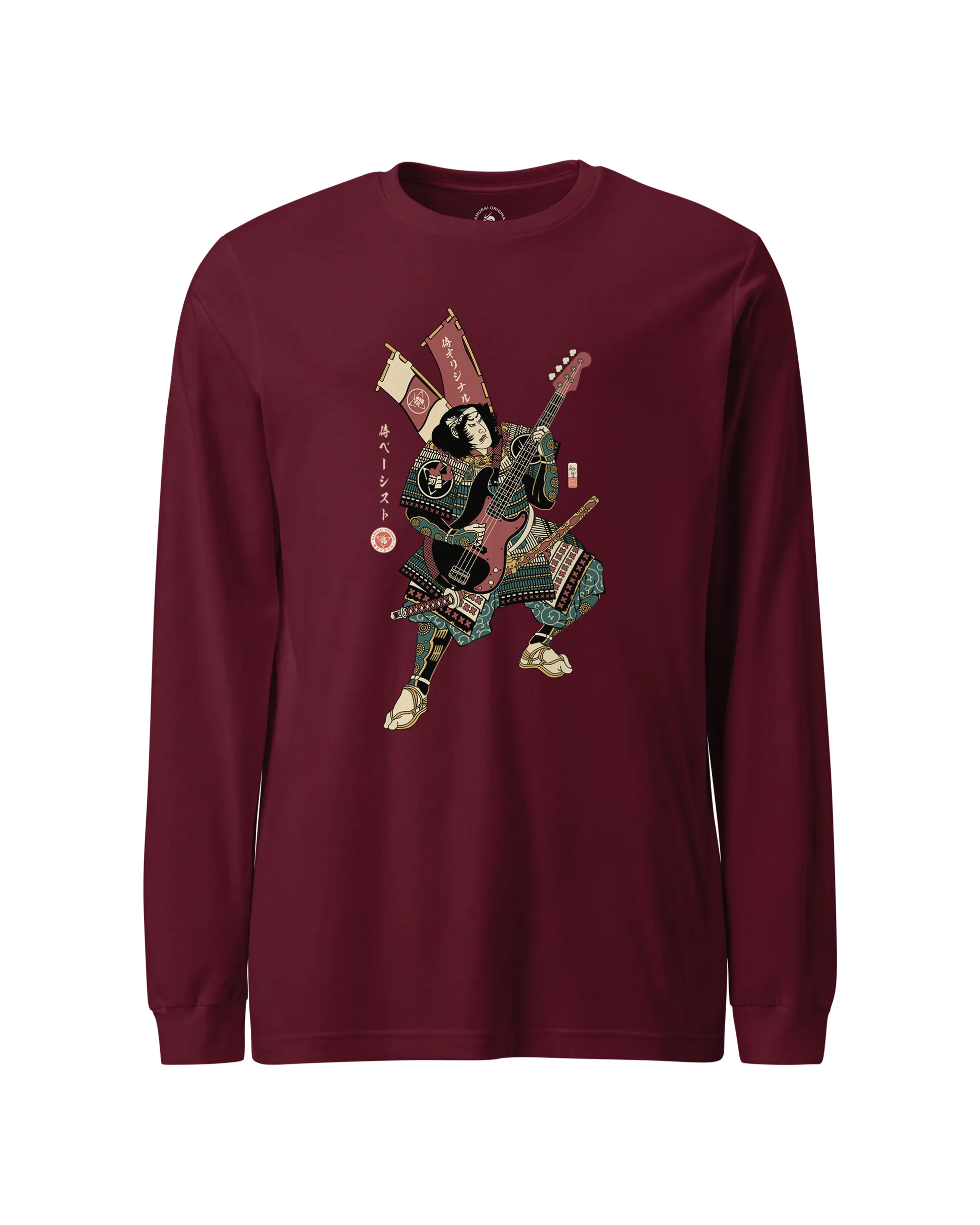 Samurai Bassist Player 7 Music Ukiyo-e Unisex Long Sleeve Tee Maroon - Samurai Original
