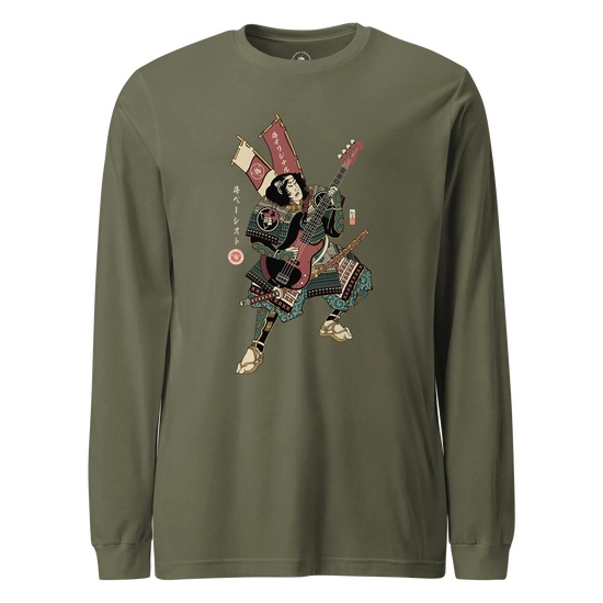 Samurai Bassist Player 7 Music Ukiyo-e Unisex Long Sleeve Tee Military Green - Samurai Original