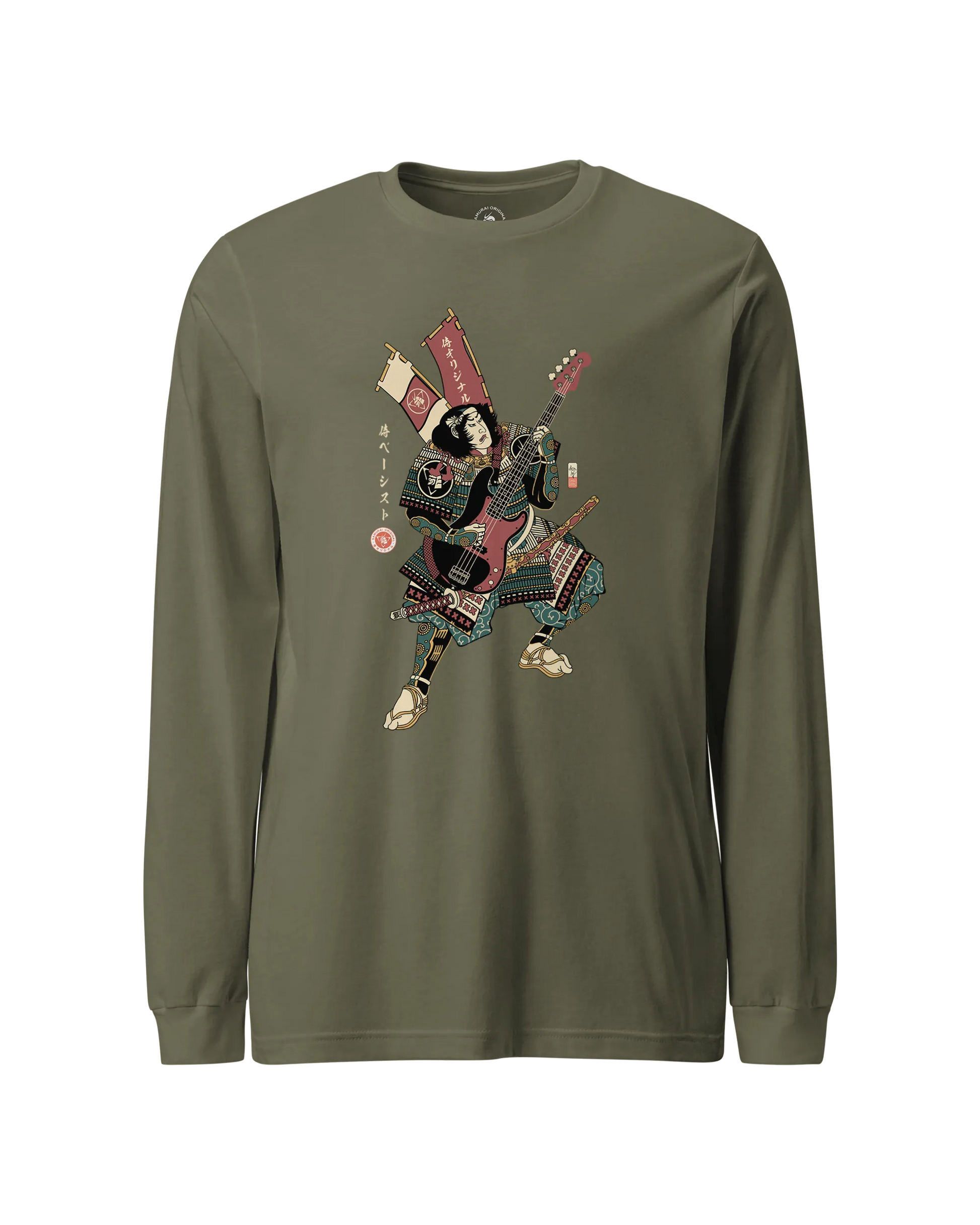 Samurai Bassist Player 7 Music Ukiyo-e Unisex Long Sleeve Tee Military Green - Samurai Original