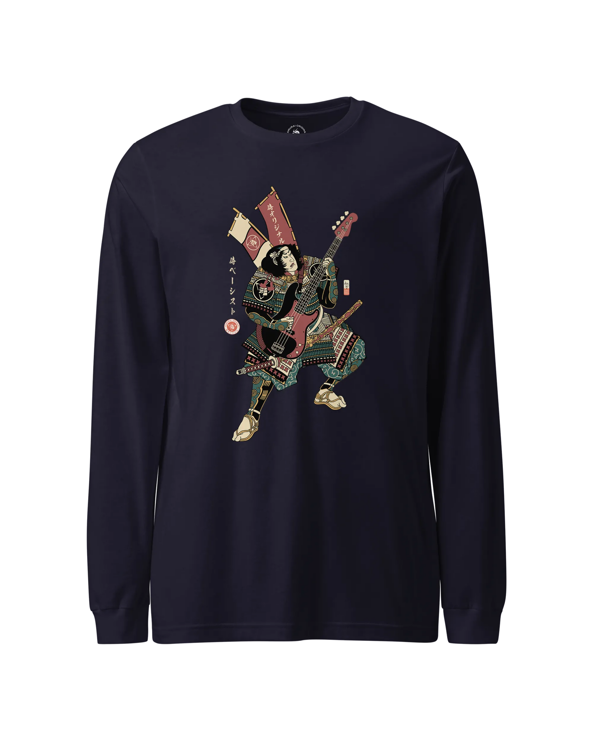 Samurai Bassist Player 7 Music Ukiyo-e Unisex Long Sleeve Tee Navy - Samurai Original
