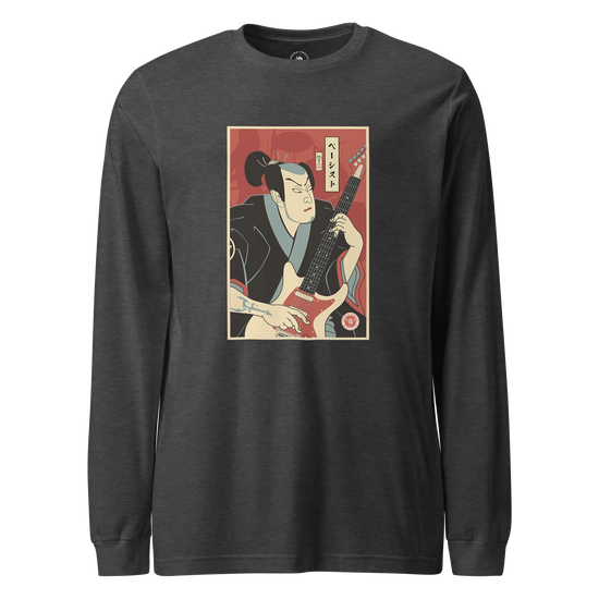 Samurai Bassist Music Ukiyo-e Unisex Long Sleeve Tee Dark Grey Heather - Samurai Original