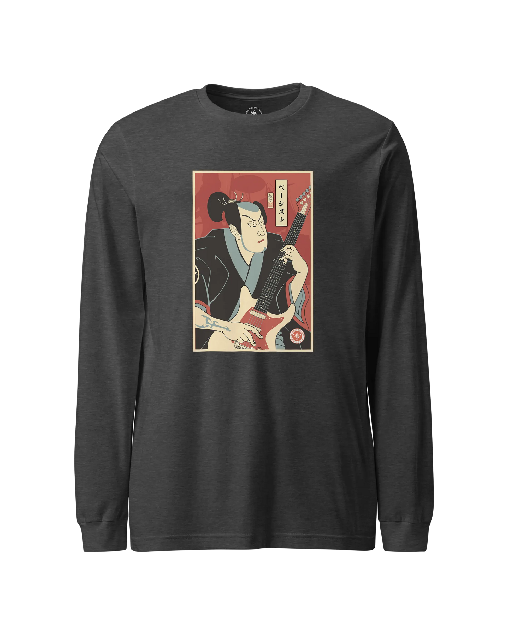 Samurai Bassist Music Ukiyo-e Unisex Long Sleeve Tee Dark Grey Heather - Samurai Original