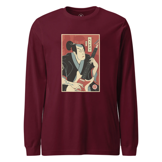 Samurai Bassist Music Ukiyo-e Unisex Long Sleeve Tee Maroon - Samurai Original