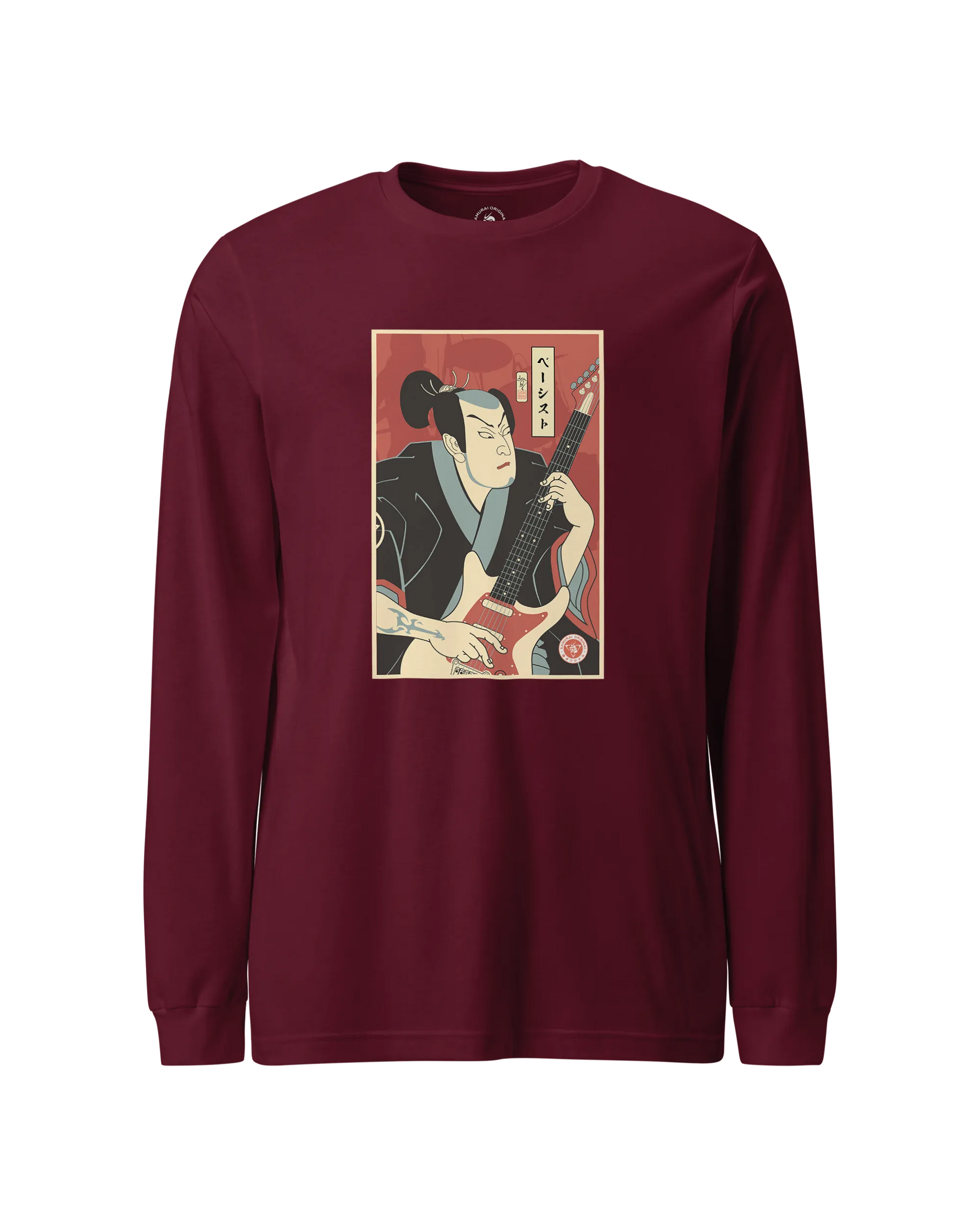 Samurai Bassist Music Ukiyo-e Unisex Long Sleeve Tee Maroon - Samurai Original