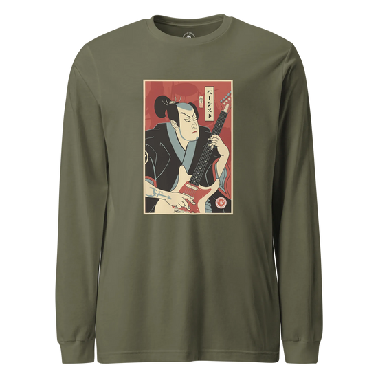 Samurai Bassist Music Ukiyo-e Unisex Long Sleeve Tee Military Green - Samurai Original