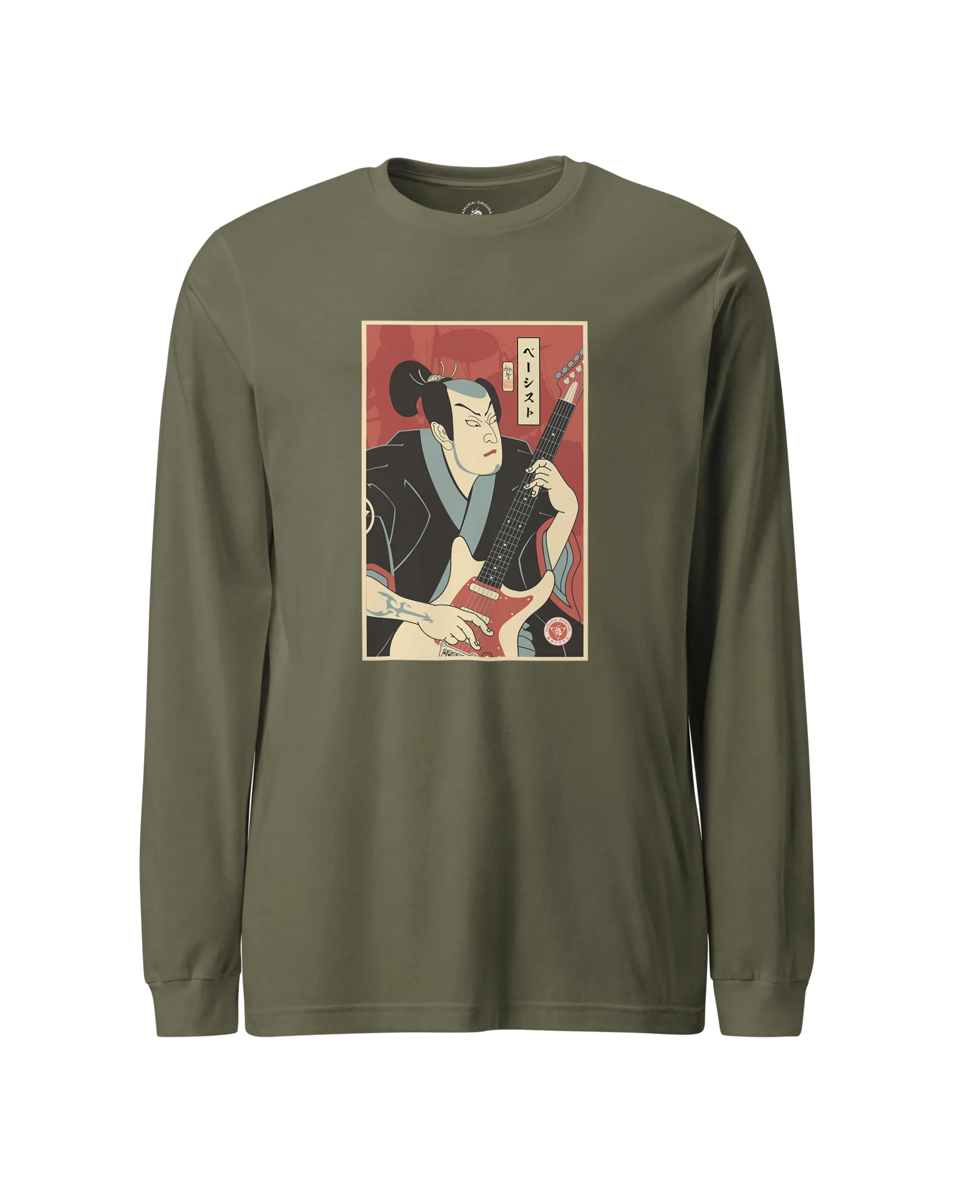 Samurai Bassist Music Ukiyo-e Unisex Long Sleeve Tee Military Green - Samurai Original