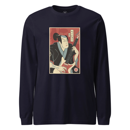 Samurai Bassist Music Ukiyo-e Unisex Long Sleeve Tee Navy - Samurai Original