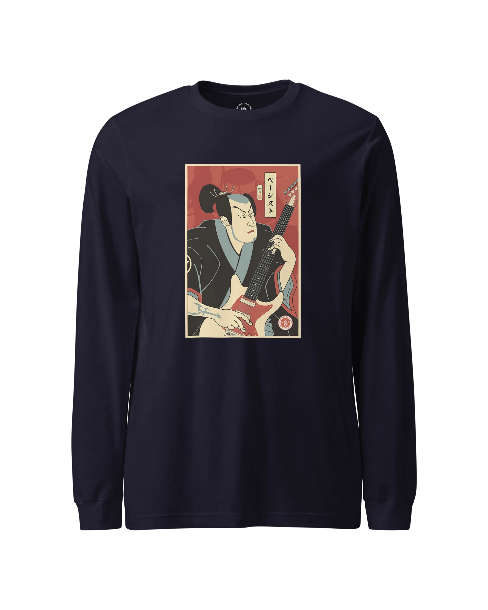 Samurai Bassist Music Ukiyo-e Unisex Long Sleeve Tee Navy - Samurai Original
