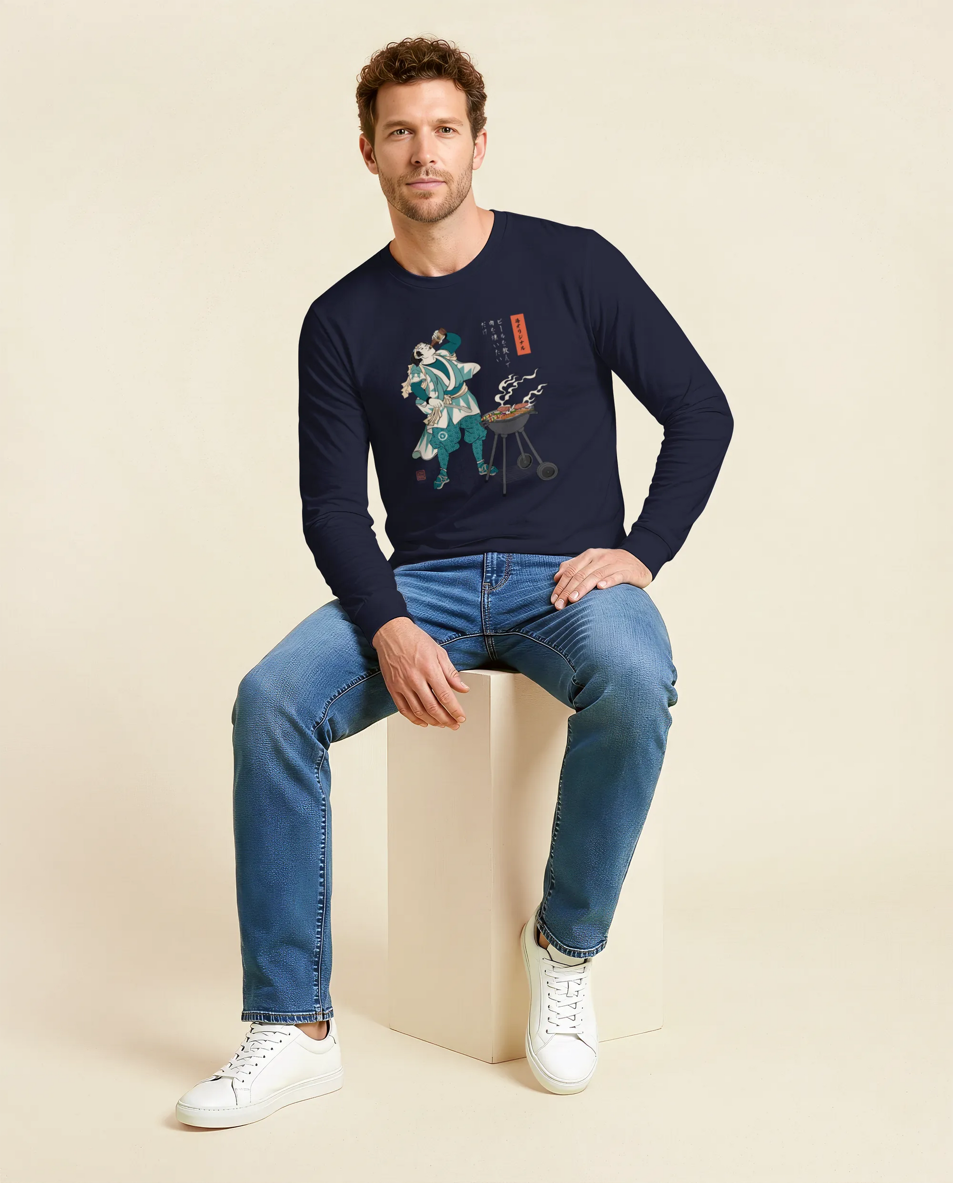 Samurai Beer and BBQ Japanese Ukiyo-e Unisex Long Sleeve Tee No.2 - Samurai Original