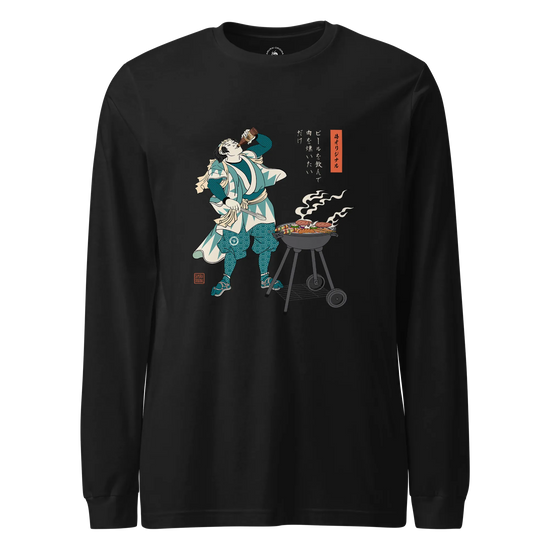 Samurai Beer and BBQ Japanese Ukiyo-e Unisex Long Sleeve Tee No.2 Black - Samurai Original