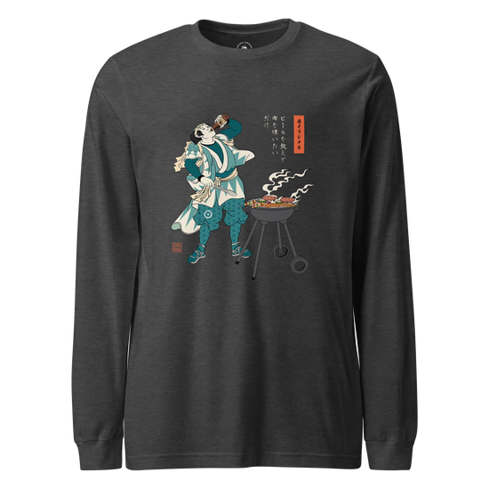 Samurai Beer and BBQ Japanese Ukiyo-e Unisex Long Sleeve Tee No.2 Dark Grey Heather - Samurai Original