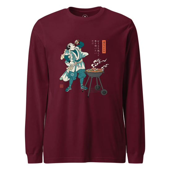 Samurai Beer and BBQ Japanese Ukiyo-e Unisex Long Sleeve Tee No.2 Maroon - Samurai Original