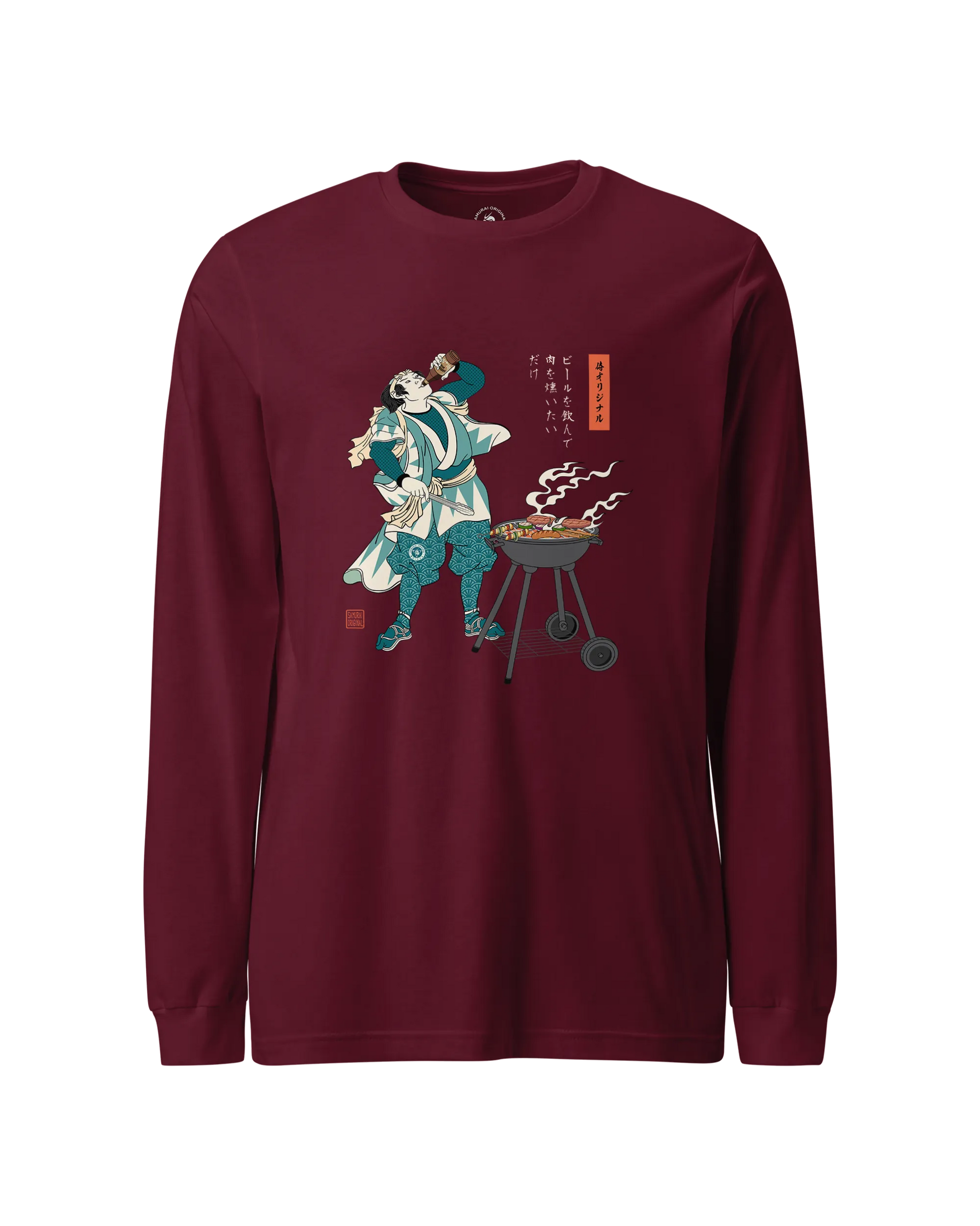 Samurai Beer and BBQ Japanese Ukiyo-e Unisex Long Sleeve Tee No.2 Maroon - Samurai Original