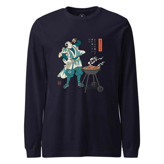 Samurai Beer and BBQ Japanese Ukiyo-e Unisex Long Sleeve Tee No.2 Navy - Samurai Original