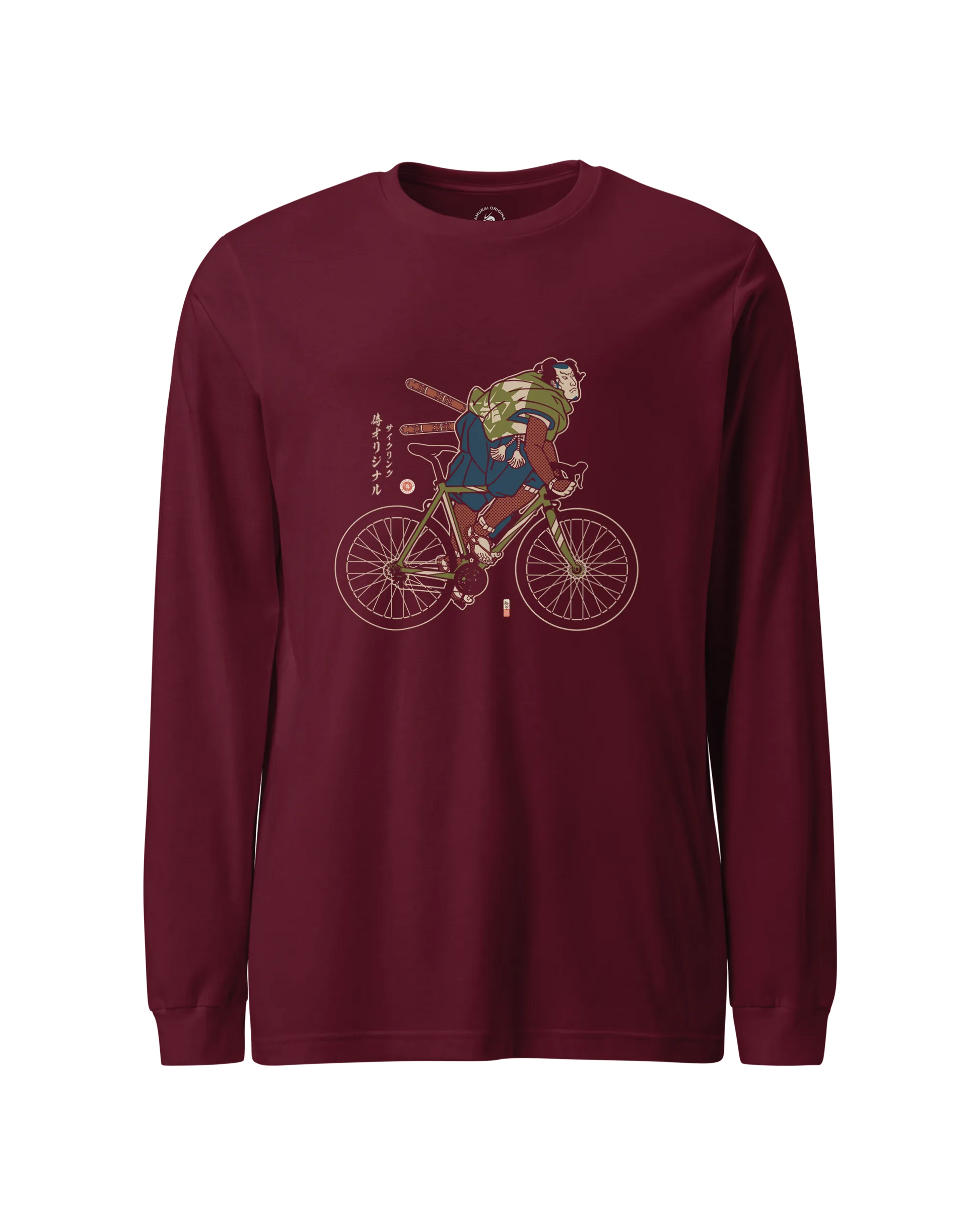 Samurai Bicycle Race Sport Ukiyo-e Unisex Long Sleeve Tee Maroon - Samurai Original