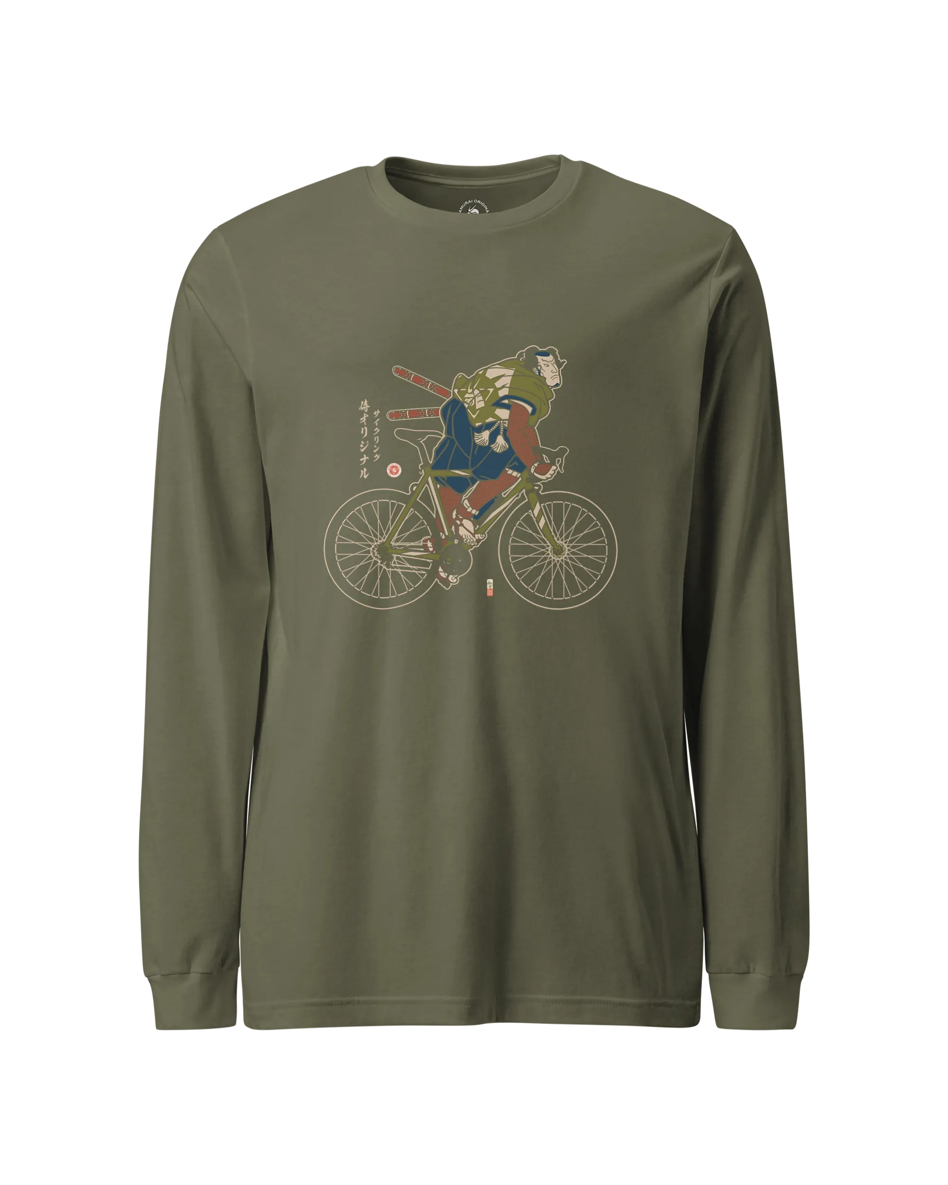 Samurai Bicycle Race Sport Ukiyo-e Unisex Long Sleeve Tee Military Green - Samurai Original