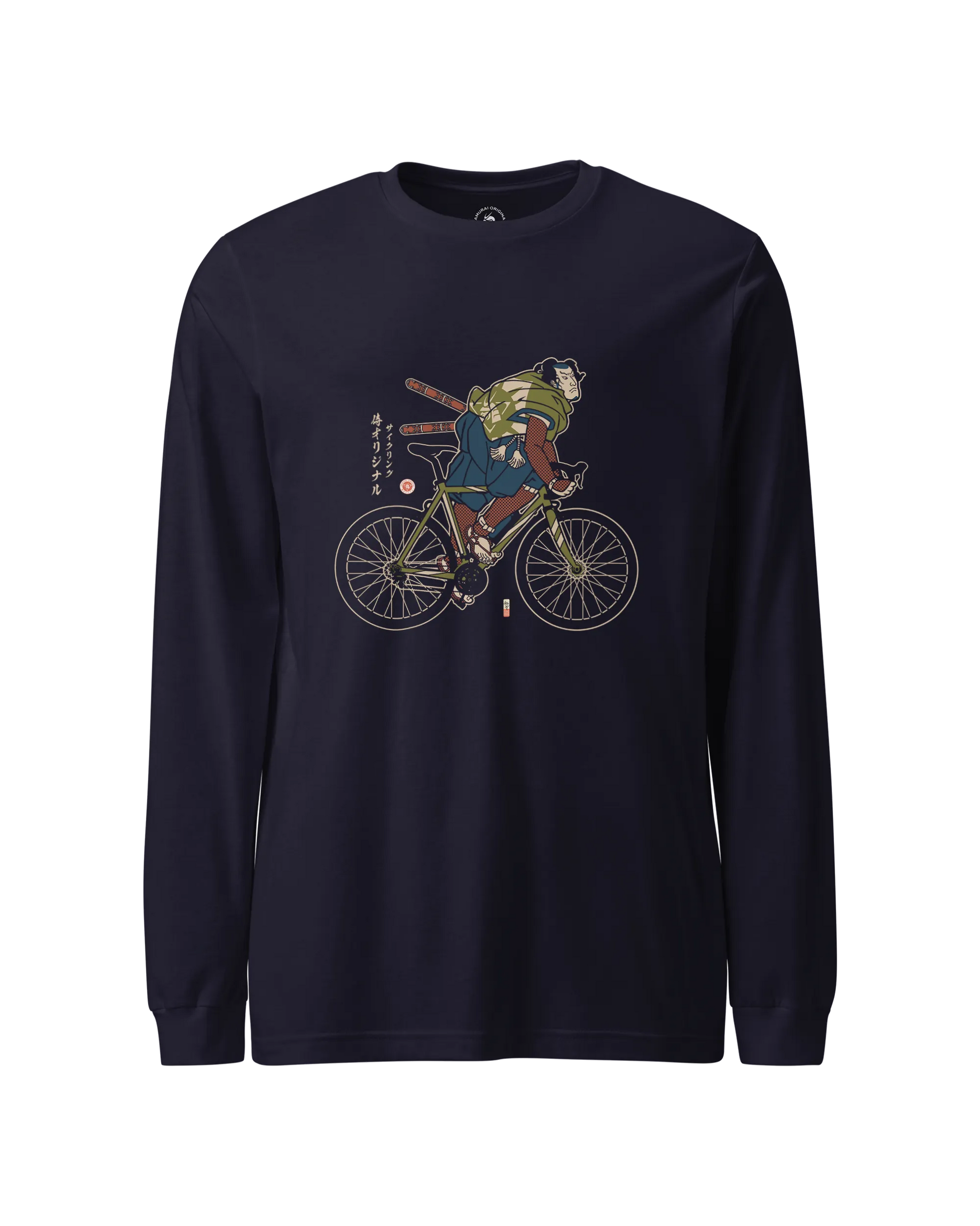 Samurai Bicycle Race Sport Ukiyo-e Unisex Long Sleeve Tee Navy - Samurai Original