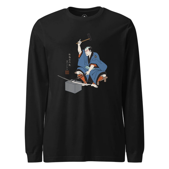Samurai Blacksmith Swords Japanese Ukiyo-e Unisex Long Sleeve Tee Black - Samurai Original