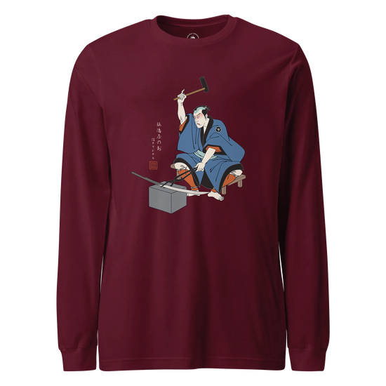 Samurai Blacksmith Swords Japanese Ukiyo-e Unisex Long Sleeve Tee Maroon - Samurai Original