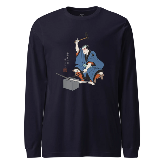 Samurai Blacksmith Swords Japanese Ukiyo-e Unisex Long Sleeve Tee Navy - Samurai Original