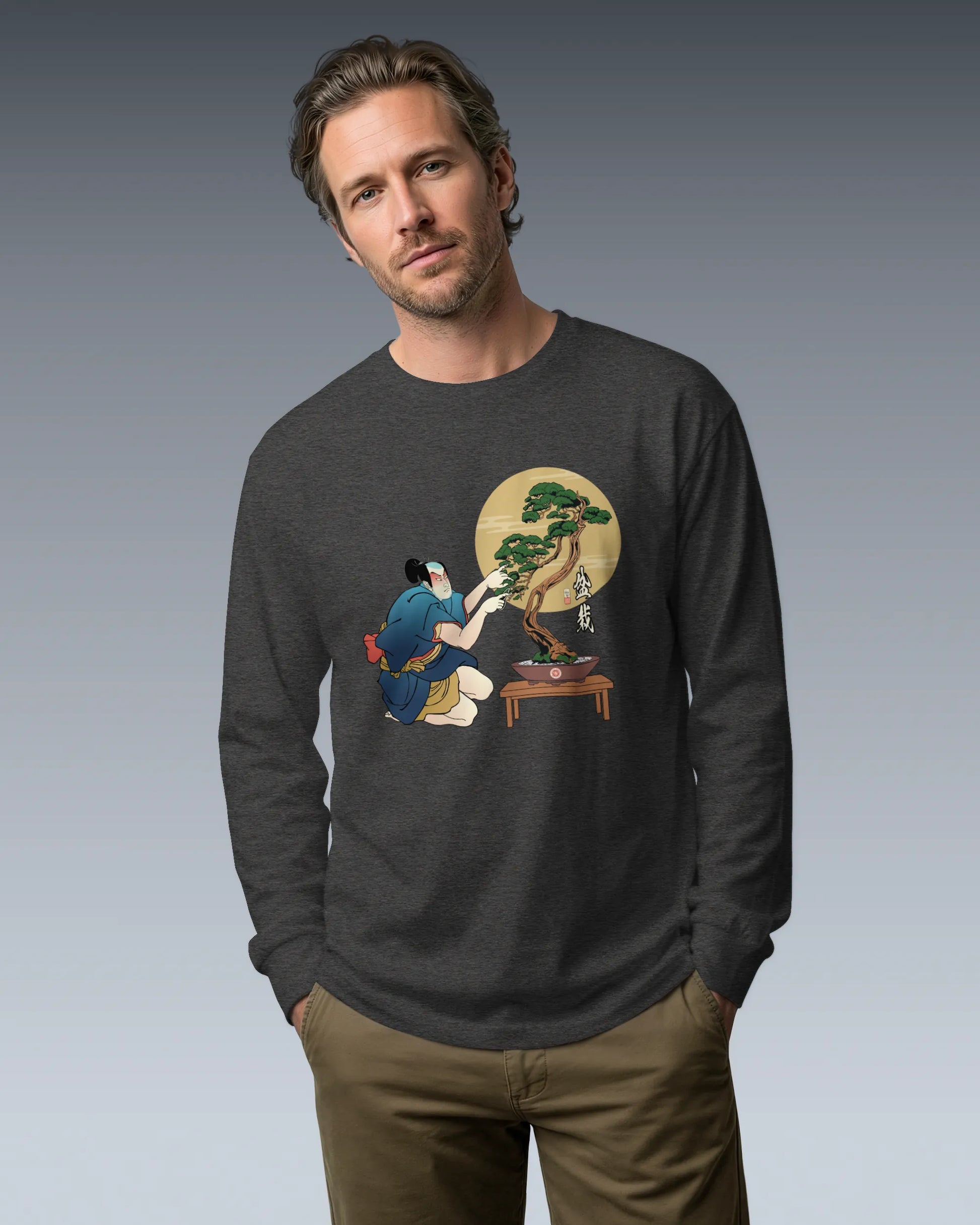 Samurai and Bonsai Tree Japanese Ukiyo-e Unisex Long Sleeve Tee 2 - Samurai Original