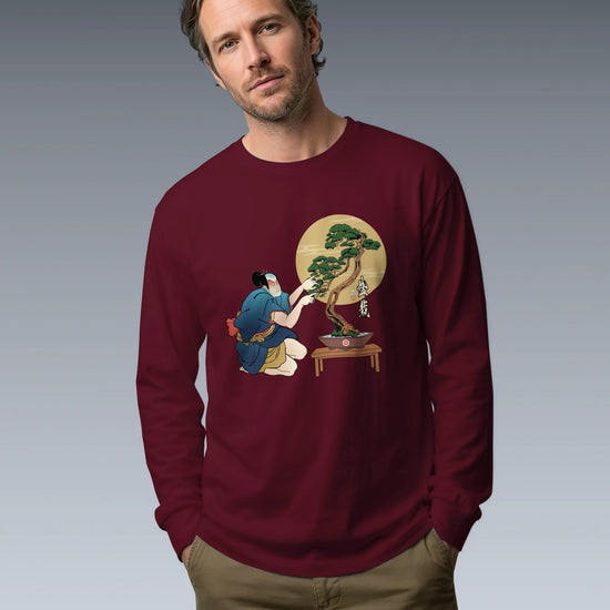 Samurai and Bonsai Tree Japanese Ukiyo-e Unisex Long Sleeve Tee 2 - Samurai Original