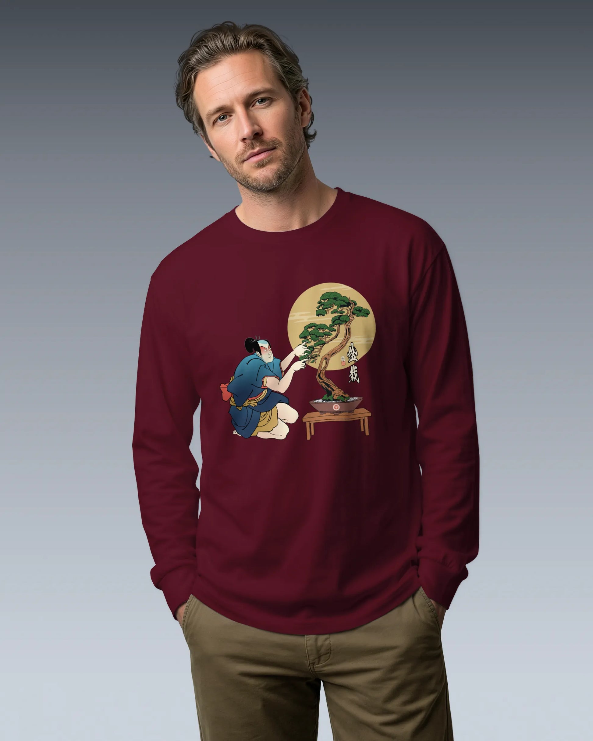 Samurai and Bonsai Tree Japanese Ukiyo-e Unisex Long Sleeve Tee 2 - Samurai Original