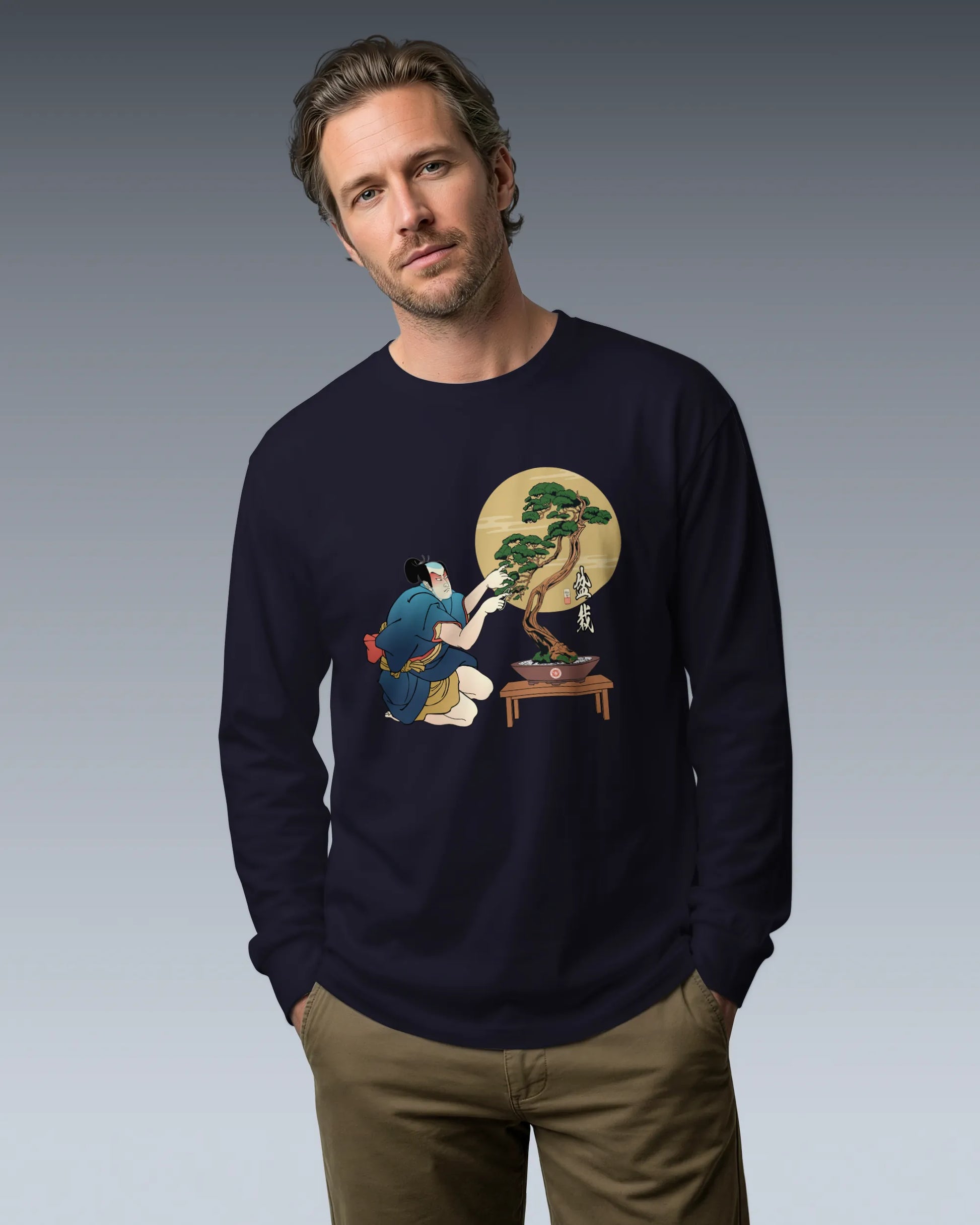 Samurai and Bonsai Tree Japanese Ukiyo-e Unisex Long Sleeve Tee 2 - Samurai Original