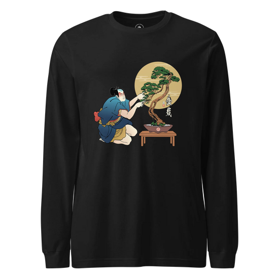 Samurai and Bonsai Tree Japanese Ukiyo-e Unisex Long Sleeve Tee 2 Black - Samurai Original