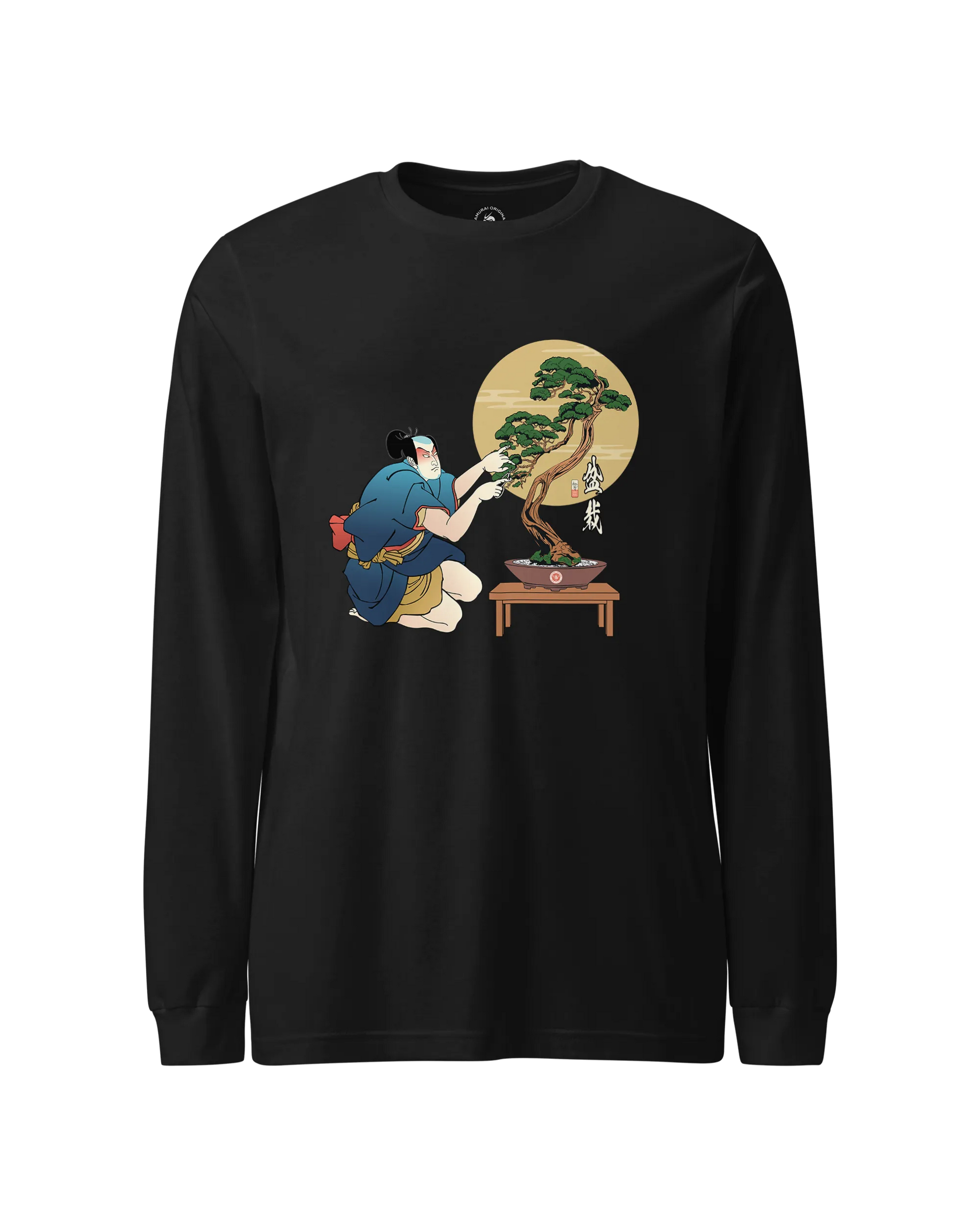 Samurai and Bonsai Tree Japanese Ukiyo-e Unisex Long Sleeve Tee 2 Black - Samurai Original