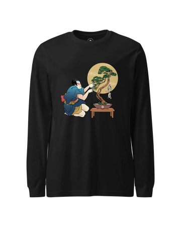 Samurai and Bonsai Tree Japanese Ukiyo-e Unisex Long Sleeve Tee 2 Black - Samurai Original