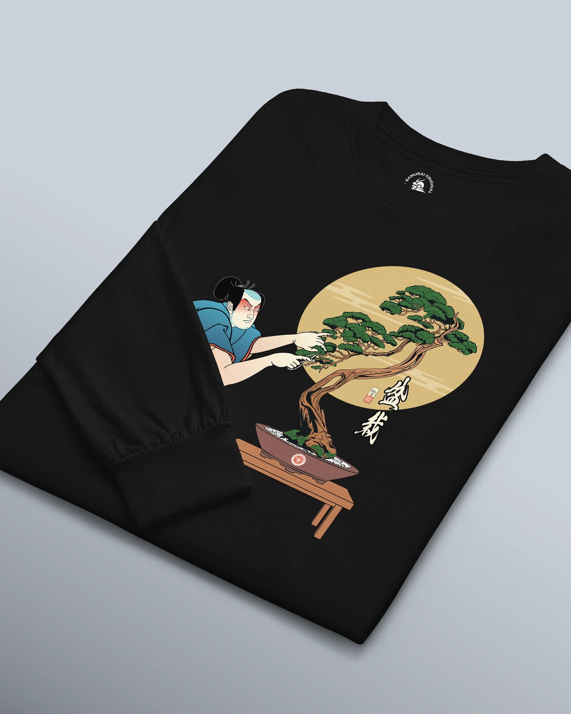Samurai and Bonsai Tree Japanese Ukiyo-e Unisex Long Sleeve Tee 2 - Samurai Original
