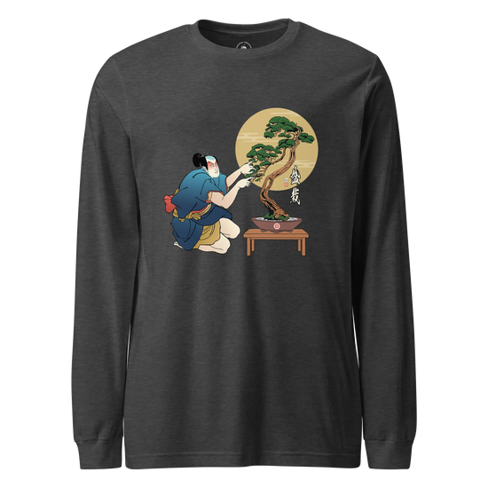 Samurai and Bonsai Tree Japanese Ukiyo-e Unisex Long Sleeve Tee 2 Dark Grey Heather - Samurai Original