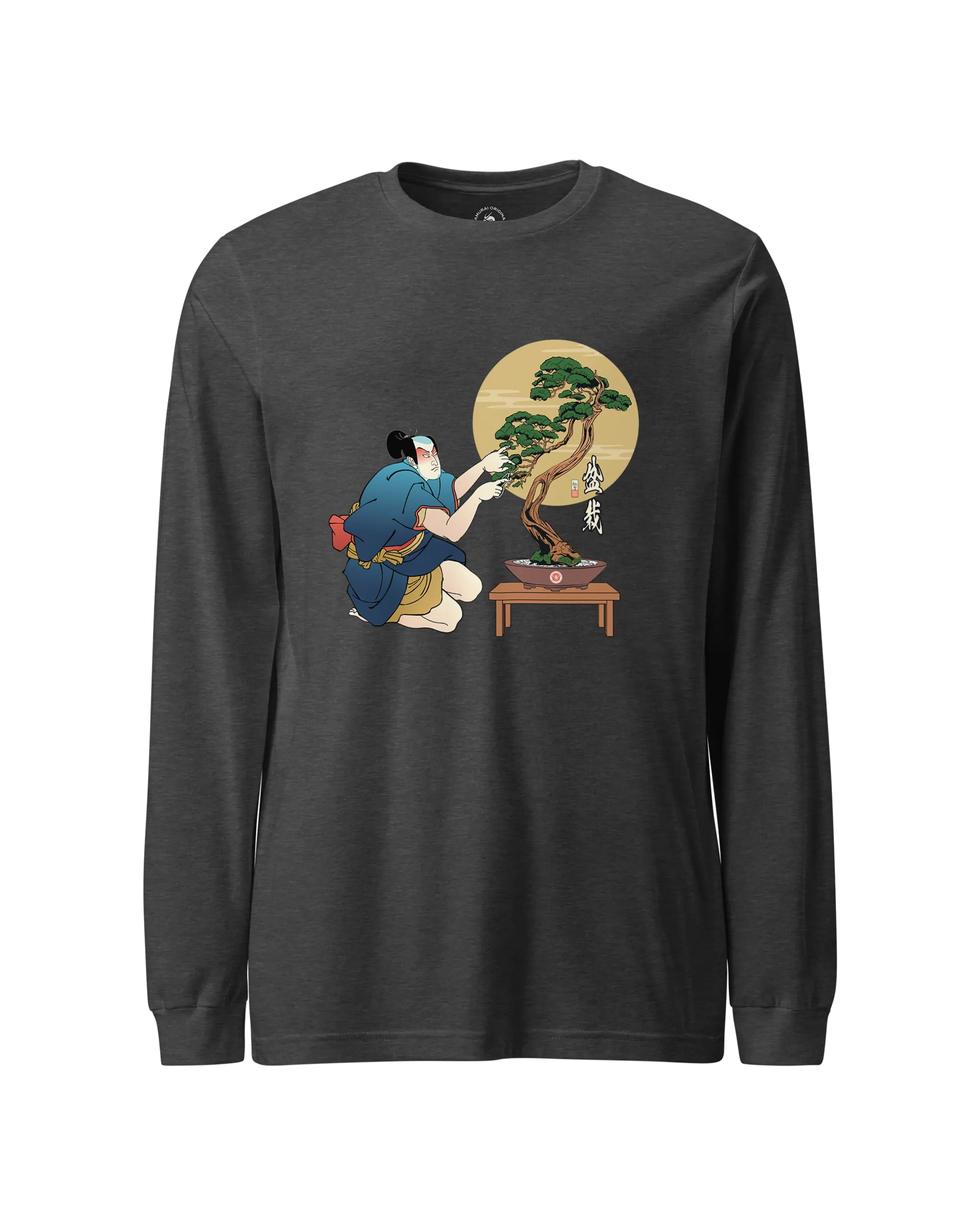 Samurai and Bonsai Tree Japanese Ukiyo-e Unisex Long Sleeve Tee 2 Dark Grey Heather - Samurai Original
