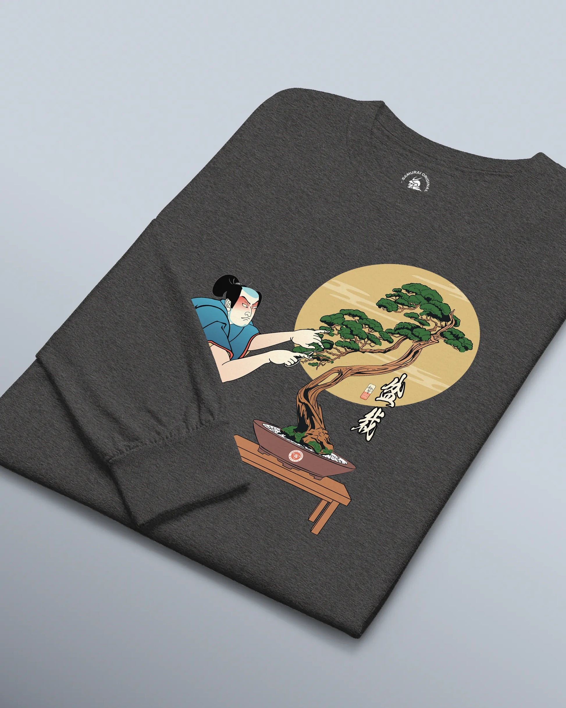 Samurai and Bonsai Tree Japanese Ukiyo-e Unisex Long Sleeve Tee 2 - Samurai Original