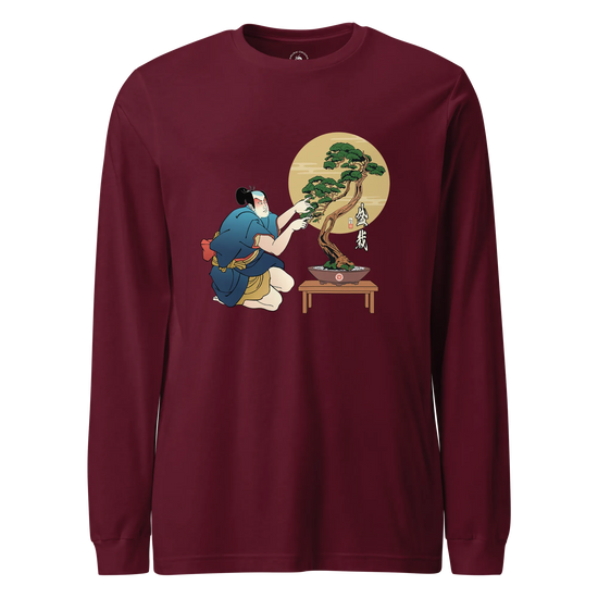 Samurai and Bonsai Tree Japanese Ukiyo-e Unisex Long Sleeve Tee 2 Maroon - Samurai Original