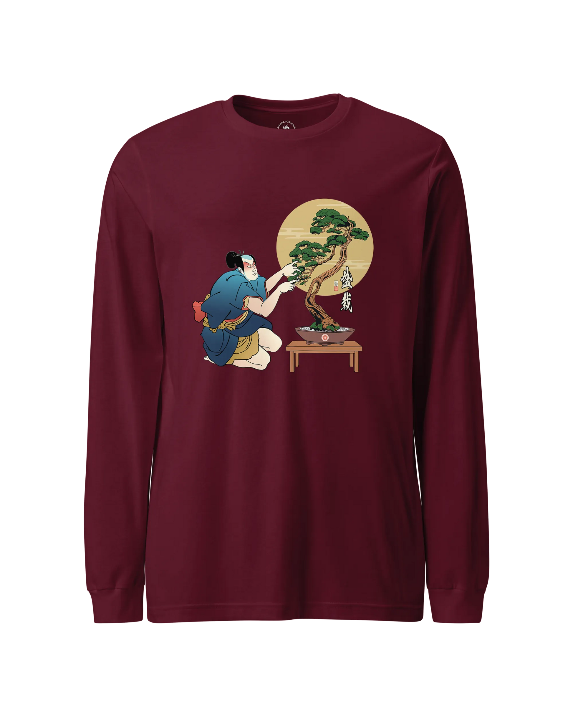 Samurai and Bonsai Tree Japanese Ukiyo-e Unisex Long Sleeve Tee 2 Maroon - Samurai Original