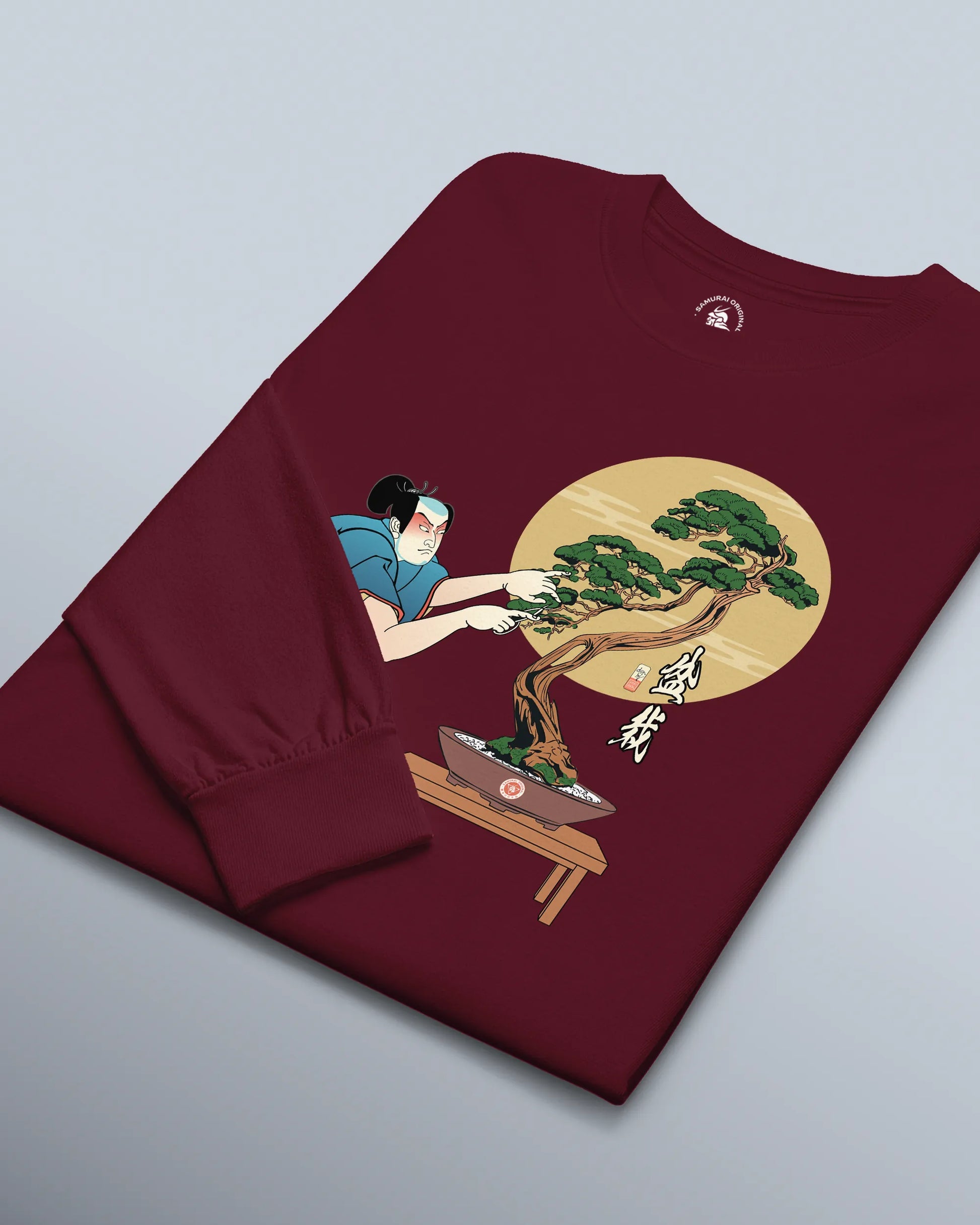 Samurai and Bonsai Tree Japanese Ukiyo-e Unisex Long Sleeve Tee 2 - Samurai Original