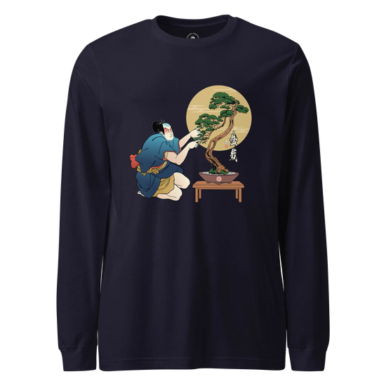Samurai and Bonsai Tree Japanese Ukiyo-e Unisex Long Sleeve Tee 2 Navy - Samurai Original