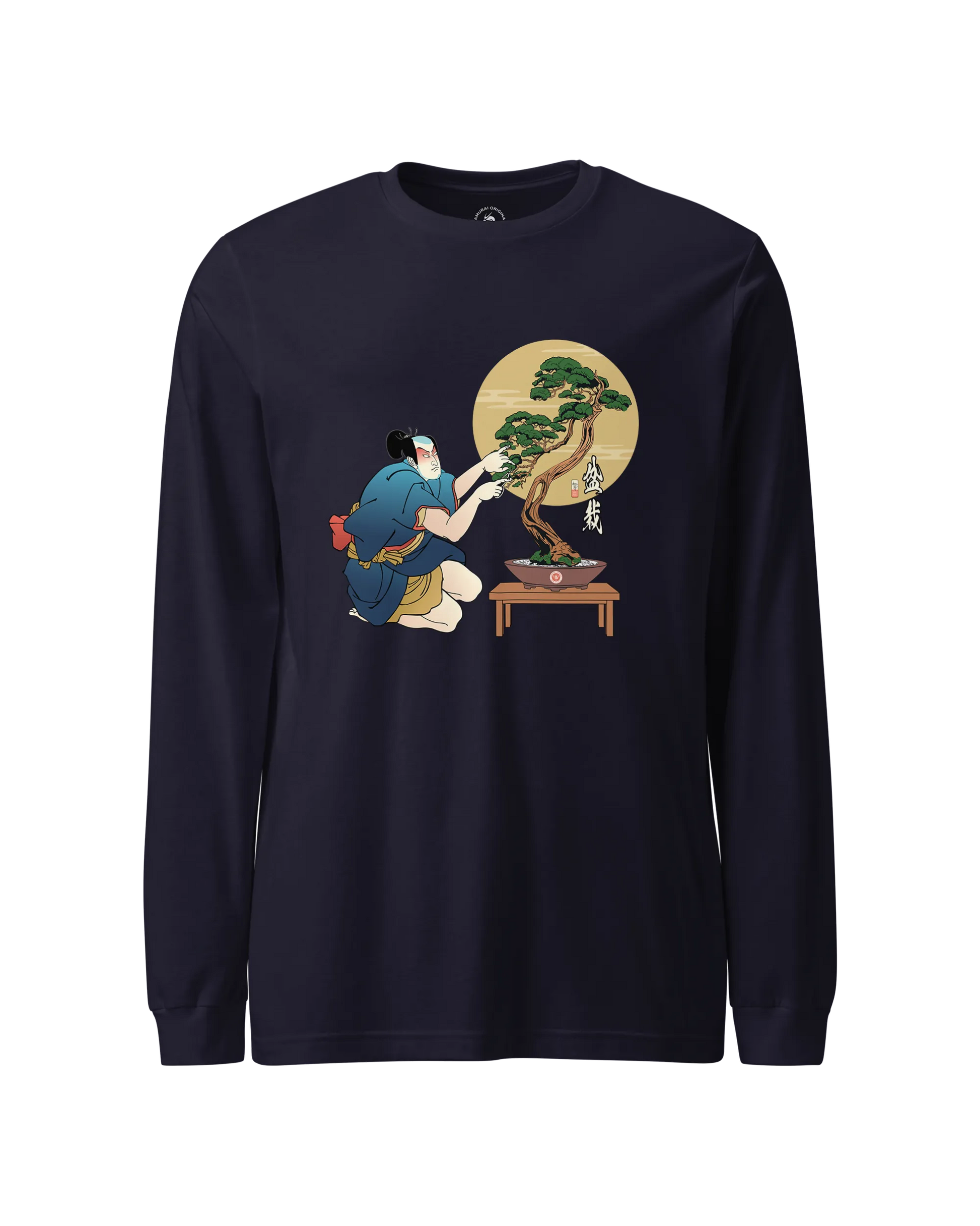 Samurai and Bonsai Tree Japanese Ukiyo-e Unisex Long Sleeve Tee 2 Navy - Samurai Original