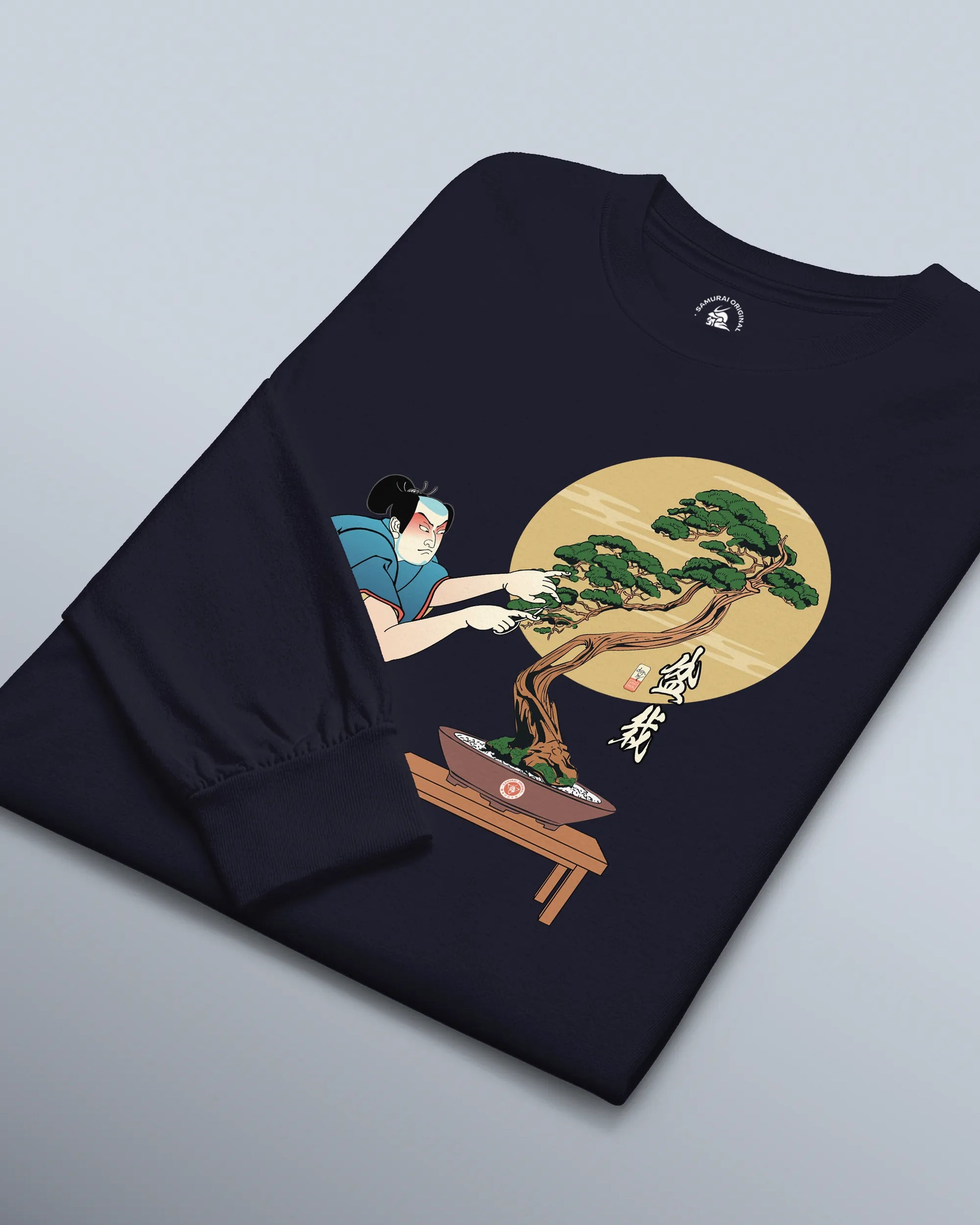 Samurai and Bonsai Tree Japanese Ukiyo-e Unisex Long Sleeve Tee 2 - Samurai Original