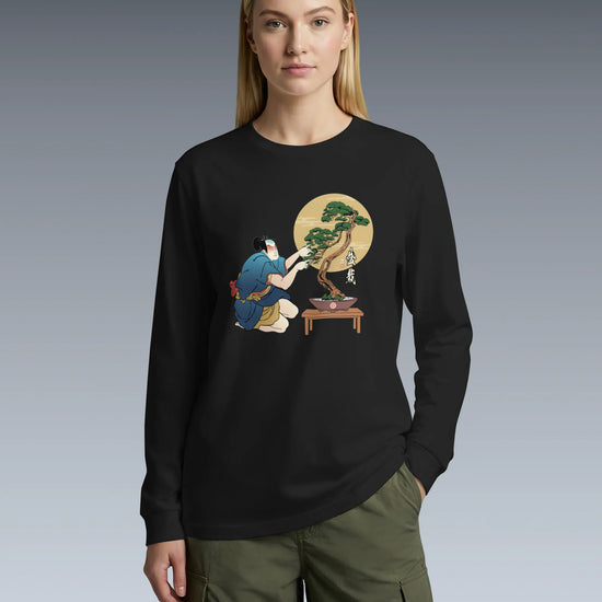 Samurai and Bonsai Tree Japanese Ukiyo-e Unisex Long Sleeve Tee 2 - Samurai Original